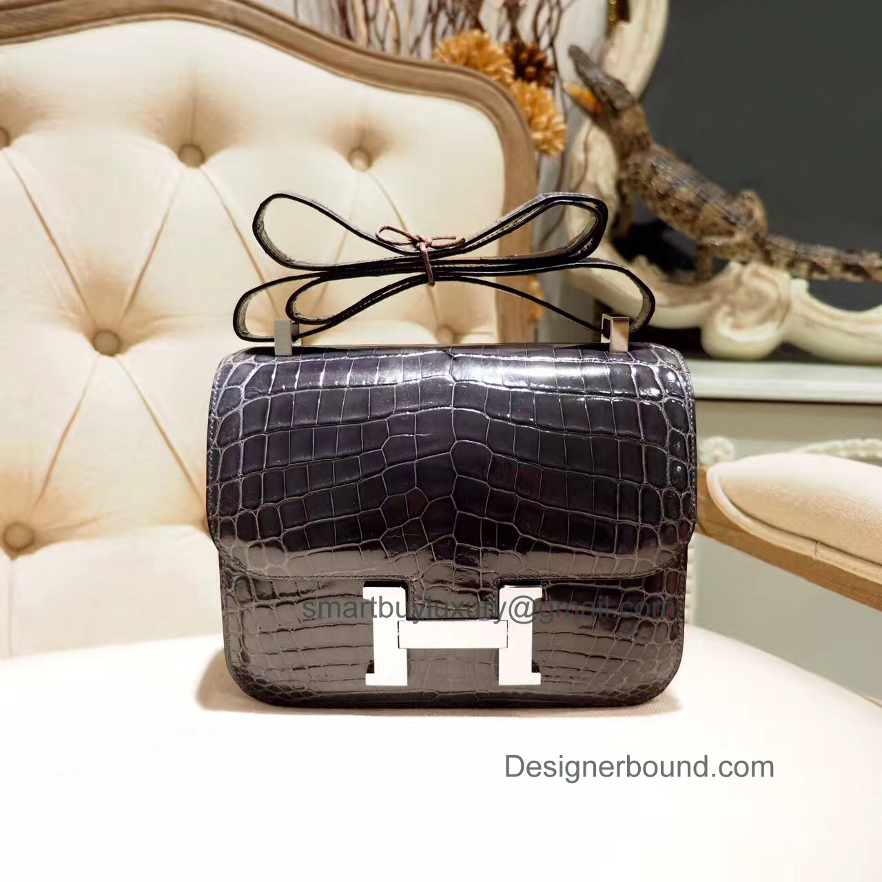 Hermes Constance 23 Bag in ck88 Graphite Shiny Nile Croc PHW